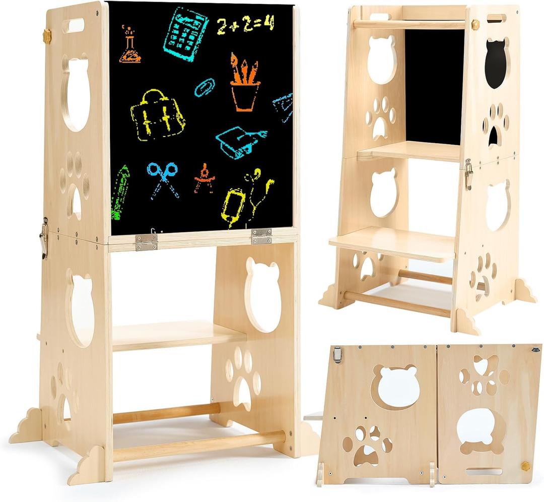 Collapsible Toddler Kitchen Step Stool With Chalkboard, Safety Rail, and Standing Tower for Kids 1-3