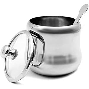 300ml Stainless Steel Sugar Bowl Coffee Seasoning Jar Condiment Pot Spice Container Canister Cruet with Lid and Spoon (Glass cover)