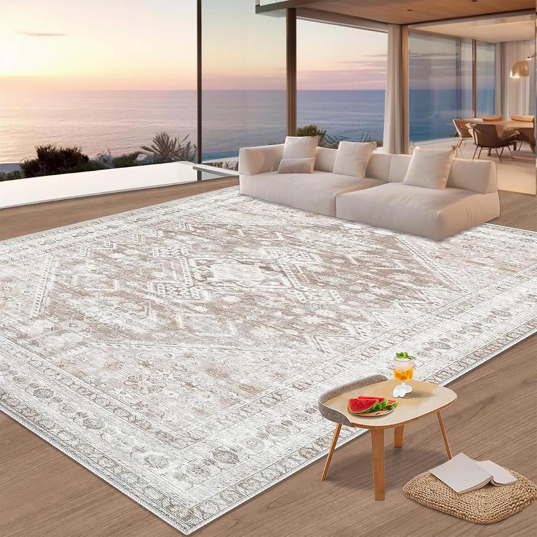Zomfy Area Rug Vintage 9'x12' Living Room Rugs: Large Washable Rug, Traditional Medallion Rug, Non Slip Boho Carpet for Bedroom Dining Table Kitchen Home Office(Beige, 9'x12')