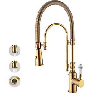 Classical High Arc Single Handle Spring Kitchen Faucet with Pull Down Spray, Swiveling Commercial Single Handle Kitchen Sink Faucets for Farmhouse, Gold