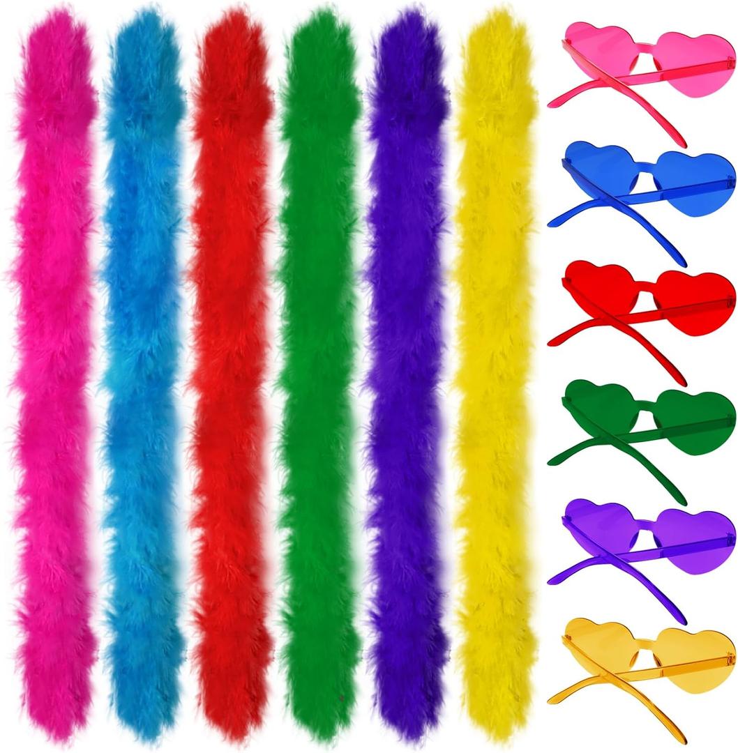 12 Pcs Colored Feather Boas with Heart Shaped Sunglasses Set Rimless Glasses 6.6FT Fluffy Boas Women Party Halloween (Multicolor)