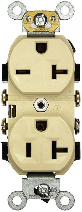 Leviton 20 Amp, 125/250 Volt, Narrow Body Duplex Receptacle, Straight Blade, Commercial Grade, Self Grounding, Dual Voltage, 5842-I, Ivory