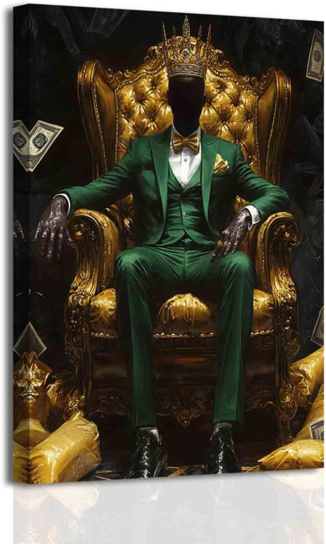 BJYCHG Black Man Wall Art Black King Wall Decor African King Pictures Afro Crown Canvas Prints Green Gold Paintings for Man Bedroom Living Room Office Frame (20L x 16W)
