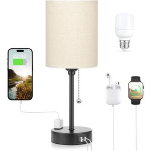 Beige Small Lamps 3 Levels Brightness - 3000K 4000K 5000K Bedside Lamps with USB C and A Ports, Pull Chain Table Lamps with AC Outlet, Nightstand Lamps with Black Metal Base for Bedroom Kids Reading (14.6 in)