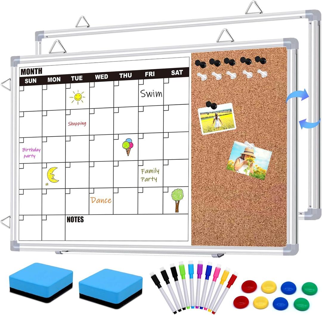Calendar Whiteboard for Wall, 24" x 18" Double Sided Monthly Dry Erase Board Calendar for Office, Home, School, Hanging Cork Board White Board Combo, Portable Magnetic Dry Erase Planner Board