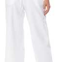 Womens Linen Pants Elastic High Waisted Wide Leg Drawstring Casual Loose Cropped Pants with Pockets (Medium, White)