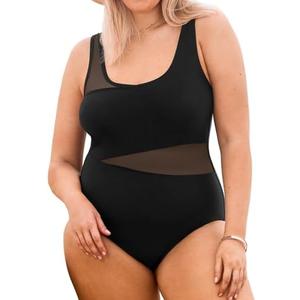 CUPSHE Plus Size Women's One Piece Swimsuit Scoop Neck Adjustable Straps Bathing Suit Mesh Swimwear, XL