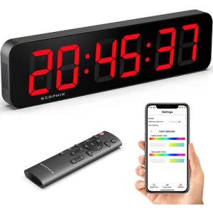 15.2" Large Digital Wall Clock, Customizable RGB Color, App and Remote Control, 6-Digit LED Clock with Seconds, Alarm, Countdown, Stopwatch, Timer Clock for Home Gym Living Room Office Garage Decor