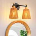 2-Light Bathroom Vanity Light, Boho Bathroom Light Fixtures Over Mirror Rattan Vanity Lighting Fixtures with Hand-Woven Lampshade Rustic Style Wall Sconce for Bedroom Living Room, 14.2 inch
