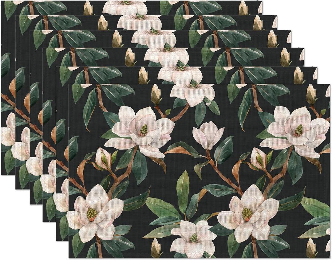 White Magnolia Flowers Placemats Set of 6,Waterproof Non-Slip Washable Table Mats Set for Kitchen Dining Holiday Party Wedding Decor 12x18 Inch