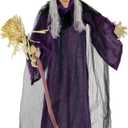 Haunted Hill Farm Life-Size Scary Talking Witch with Broomstick, Halloween Animatronic with Touch Activated Lights and Sound, Battery Operated Indoor or Covered Outdoor Halloween Decorations