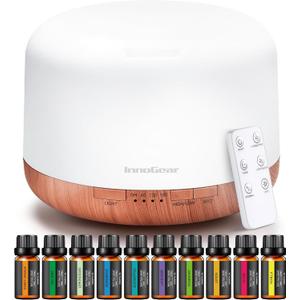 InnoGear Aromatherapy Diffuser & 10 Essential Oils Set, 500ml Essential Oil Diffuser with Remote Control Mother's Gift Ultrasonic Cool Mist Scent Humidifier Vaporizer Auto-Off Timer for Home, Yellow