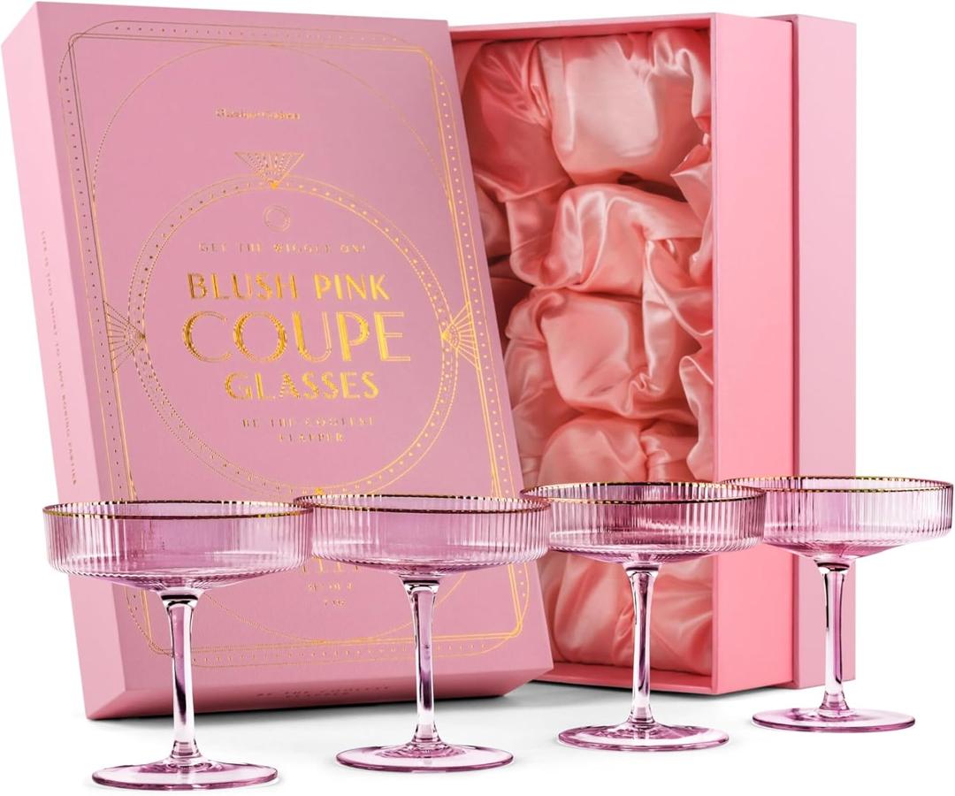 GLASSIQUE CADEAU Vintage Art Deco Blush Pink Coupe Glasses with Gold Rims | Set of 4 | 7 oz Crystal Ribbed Cocktail Glassware for Drinking Champagne, Martini, Cosmopolitan | Girly Speakeasy Saucers