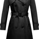 Garemcy Women's Long Waterproof Trench Coat Double Breasted Classic Lapel Coat Belted with Detachable Hood (Medium, Black)