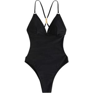 Milumia Women's One Piece Criss Cross V Neck Backless Swimwear Swimsuits (Medium, Black)