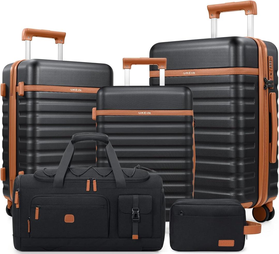 UKEIN Luggage Sets 5 Piece, Carry On Luggage 20In With Spinner Wheels, Hardside Suitcase Set with TSA Lock,Durable Large Suitcase With Travel Backpack for Men-20/24/28in (Black, 5 piece set)