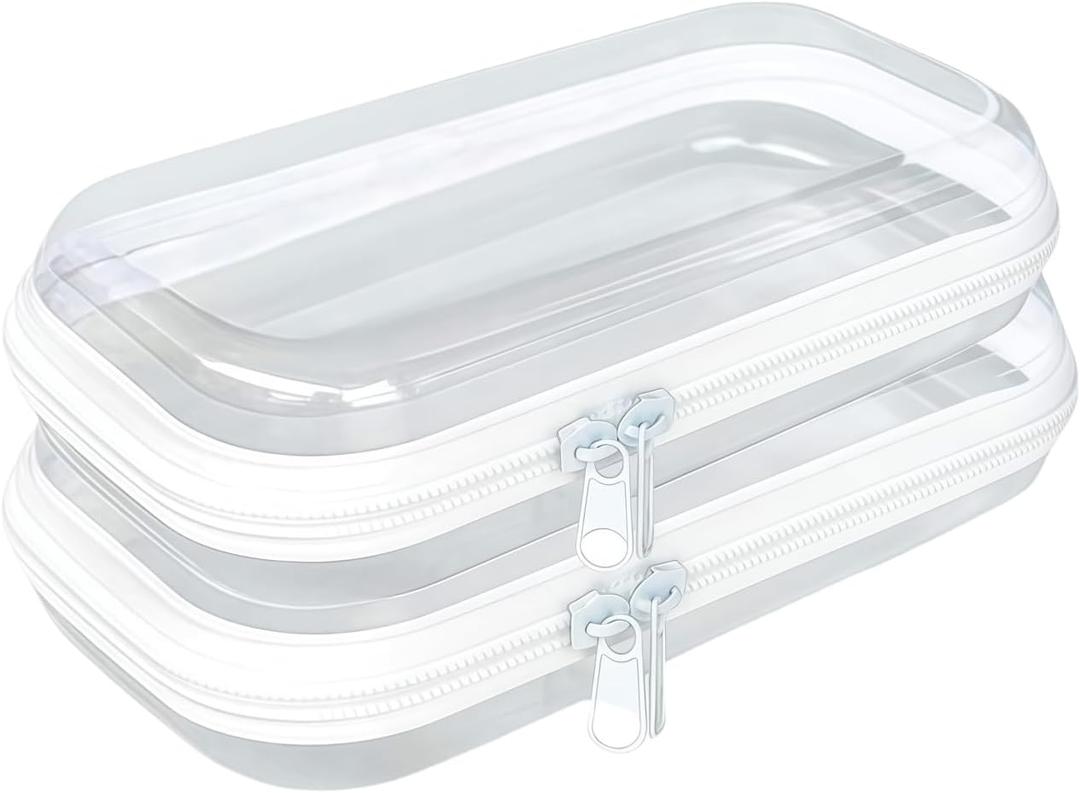 Clear Hard Plastic Zipper Case,2Pcs clear zipper caseProfessional-Grade Plastic Clear Zipper Pencil Case, Toiletry Pouch, Travel Organizer, Cosmetic Bag, Toy Storage Bins (2PCS-M)
