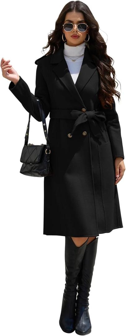 Wool Blend Wrap Coat Women's Superior 70% Wool Coat, Classy Long Wool Coat with Belt (Black), XL