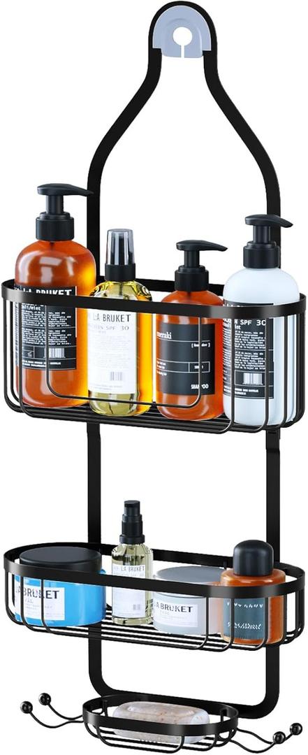 Kadolina Bathroom Hanging Shower Organizer, Over Head Shower Caddy Shower Storage Rack Basket with Hooks for Razor and Sponge Rustproof, Black [Patented] (Black)