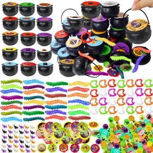 168 Pcs Halloween Toys for Kids, 28 Pack Prefilled Mini Witches Cauldrons with Toy Bouncy Balls, Vampire Teeth, Bat Rings, Spinning Tops, Sticky Worms Halloween Goodie Bags Party Favors