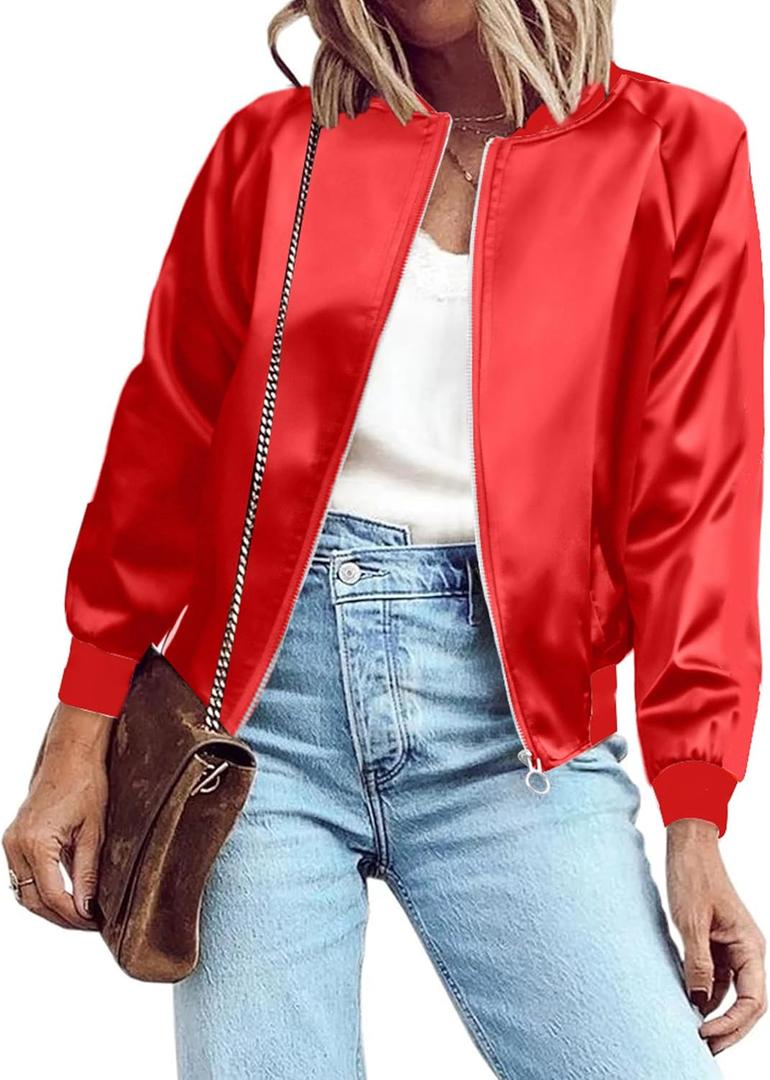 Zeagoo Women's Bomber Jacket Lightweight Zip Up Jacket Casual Striped Jacket Coat Outerwear Windbreaker with Pockets (Red, M)