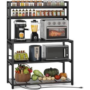 Denkee Large Bakers Rack with Power Outlets, 38 Inch Microwave Stand with Storage, 5-Tier Coffee Bar Stand, Industrial Kitchen Shelf Rack, Black
