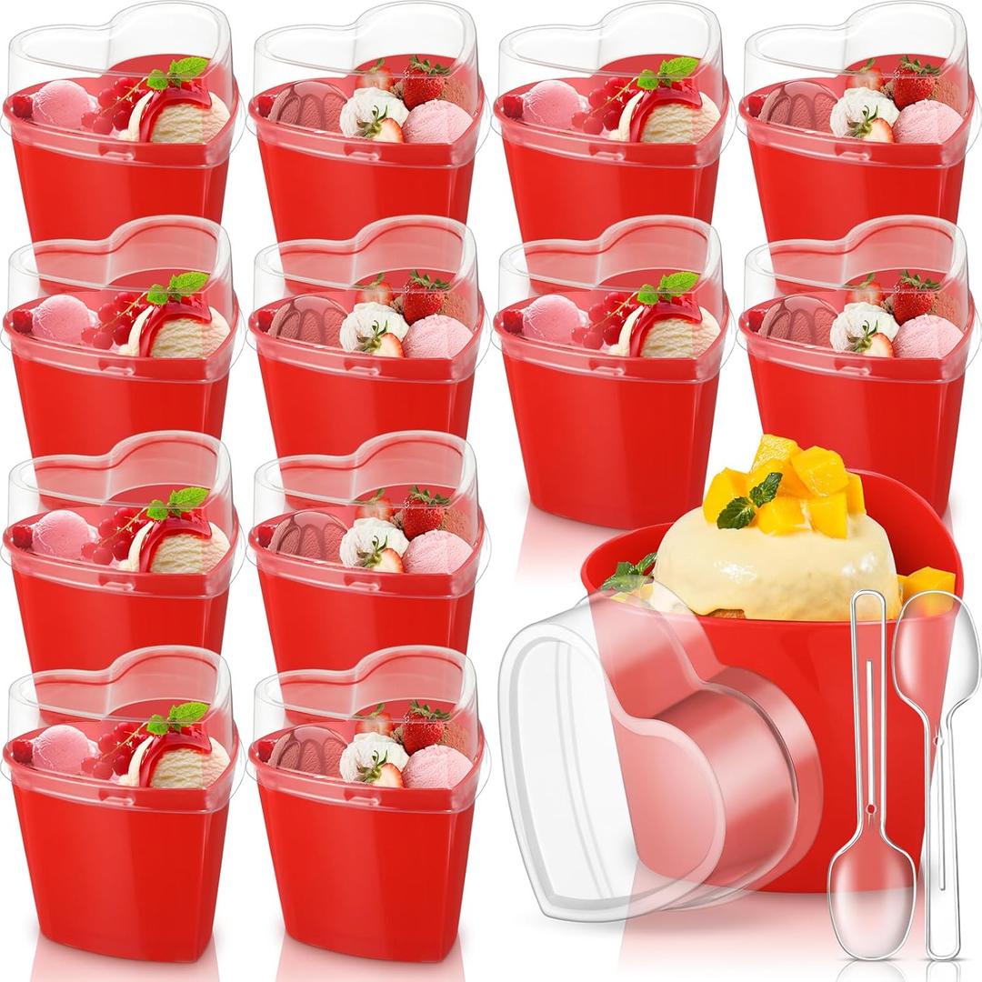 Sliner 12 Pack Valentines Day Heart Shaped Dessert Cups with Lids and Spoons 5 oz Plastic Dessert container Mini Appetizer Parfait Cups Red Shooter container for Wedding Serving Party