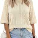 Saodimallsu Womens Short Sleeve Sweaters Crochet Knit Casual Crew Neck Lightweight Summer Trendy Sweater Tops (M)