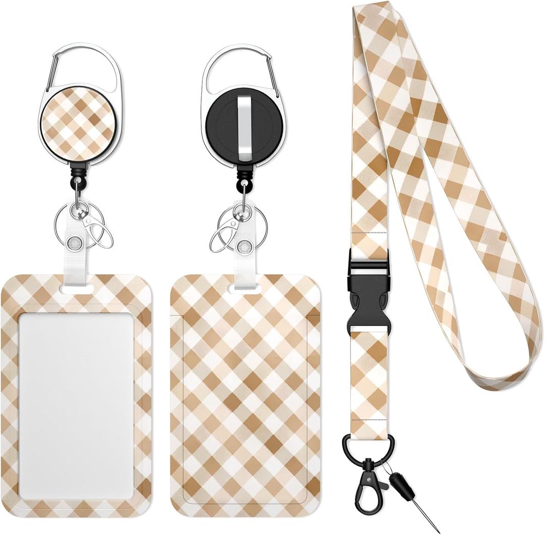 Retractable Badge Holder with Detachable Lanyard, Heavy Duty ID Badge Reel Keychain with 360-Degree Rotating Carabiner Clip, Cute Card Protector for Women, Nurses, Officers White Lattice