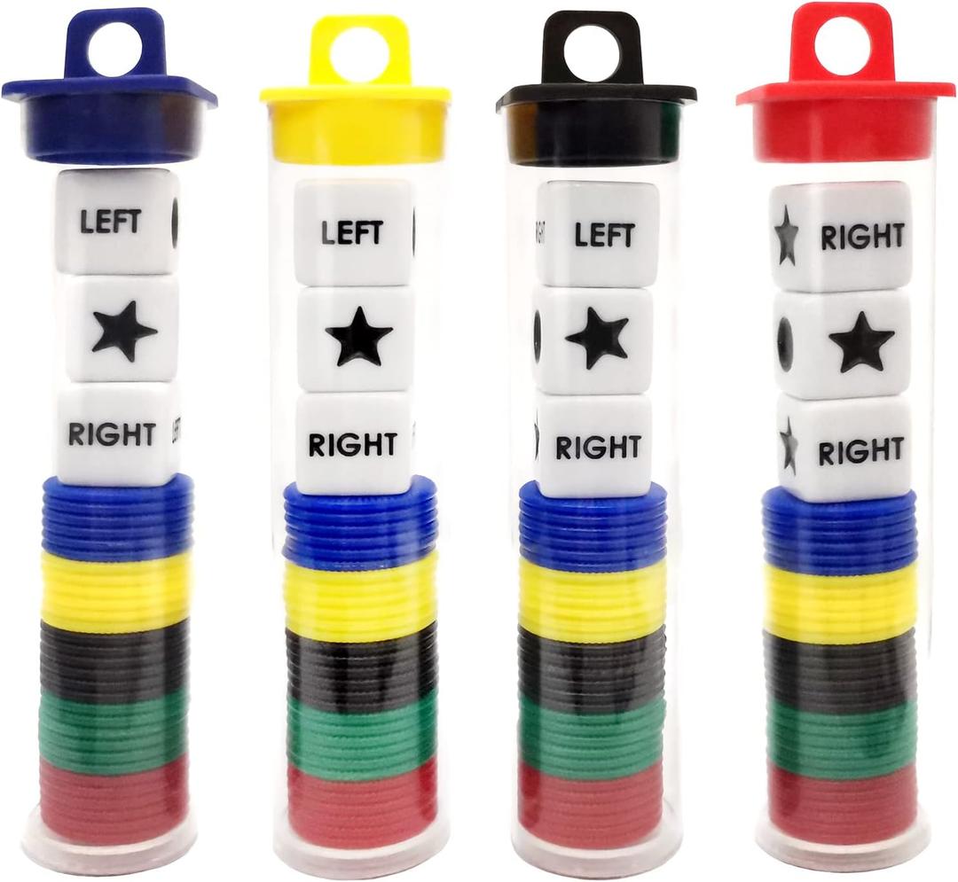 Ahoper Right Left Center Dice Game Prime Set Bundle with 3 Dices + 30 Chips - 4 Sets Assorted Colors. Round Tube Storage is Very Convenient for Travel. Easy to Store, Carry Around. (4 Pack)
