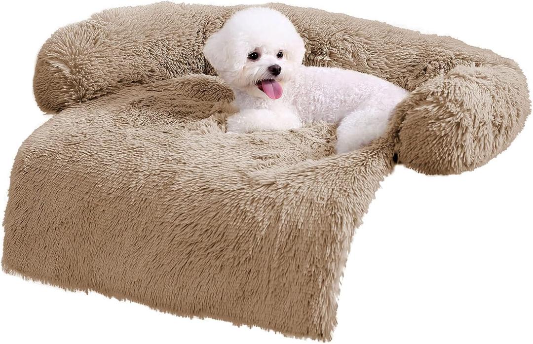 HACHIKITTY Calming Pet Sofa Bed Mat, Washable Plush Couch Cover, Furniture Protector Mat for Dogs and Cats, Fluffy Dog Couch Bed with Anti-Slip Bottom (40"x 38"x 6", Camel)