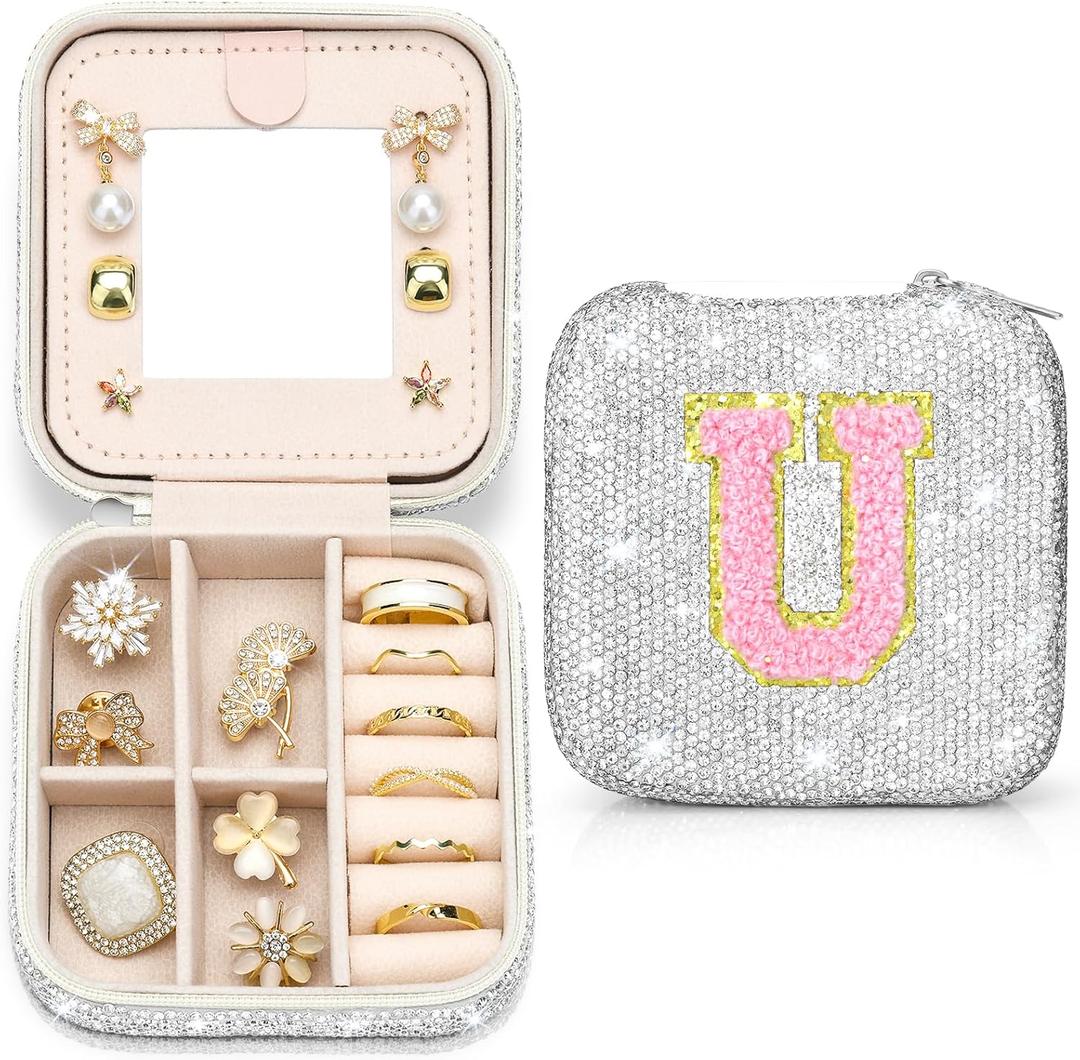 Soleebee Bling Crystal Travel Jewelry Case, U Initial Jewelry Box for Women Girls, Portable Small Jewelry Organizer Travel Essentials for Necklace Earrings Rings - Letter U, Silver