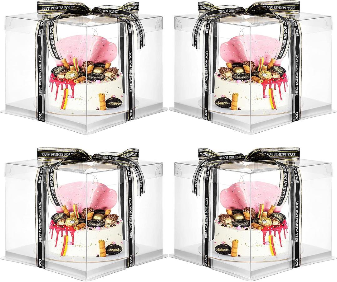 Jetec 4 Pcs Clear Cake Box with Ribbon 10 x 10 x 9 Inch Transparent Tall Cake Carrier Box with Lids Pet Clear Gift Pack for 8 Inch Carry Wedding Birthday Anniversary Baking Dessert Display