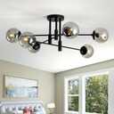 6-Lights Glass Globe Sputnik Chandelier Modern Flush Mount Ceiling Light Fixture Black Farmhouse Lighting for Dining Room Living Room Bedroom Kitchen Passageway.