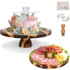 Acacia Wood Cake Stand with Lid  12" Round Cake Holder & Dessert Stand, 2-in-1 Charcuterie Board & Serving Platter for Cheese, Fruit  Acrylic Dome, Wedding Party Centerpiece