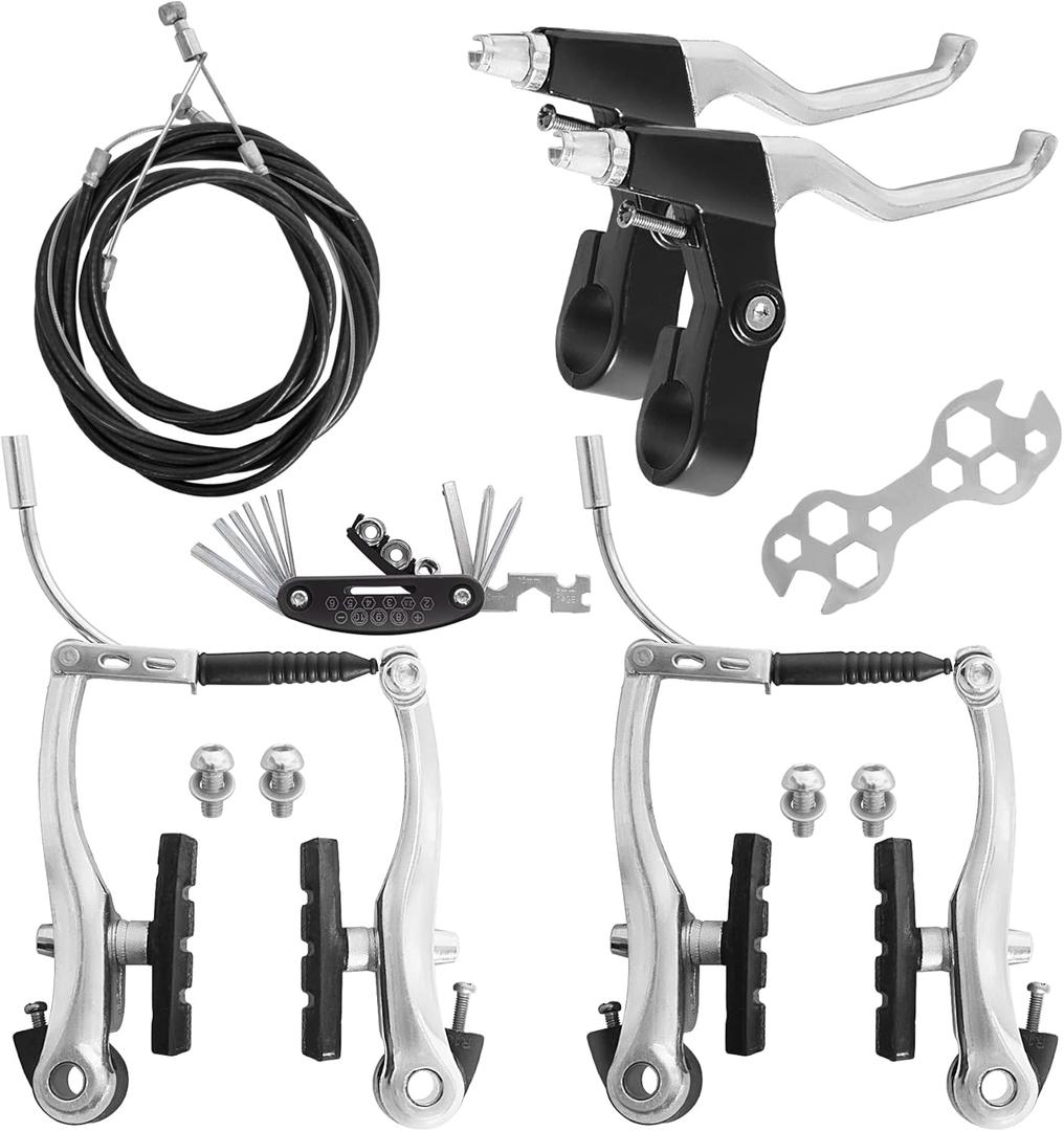Gashwer Complete Bike Brakes Set, Universal Bike Front and Rear MTB Brake, Inner and Outer Callipers Cables Lever Kit with Multi-Tool Wrenches Silver