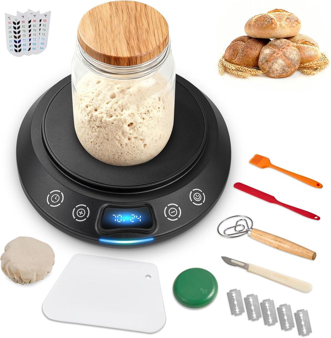 Sourdough Starter Warmer Set  Precise 1F Thermostat (70-120F), 24H Timer, Smart Memory Warming On/Off - Fits Jars Up to 40oz, Sourdough Kit for Home Baking (Black)