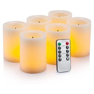 Flameless Flickering LED Candles 3" X 4" with 10-Key Remote Control Timer Classic Pillar Optical Fiber Wick Real Wax Battery Operated Candles, Ivory Color, Set of 6