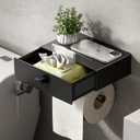 VOLDRA Toilet Paper Holder with Shelf Black Wipes Dispenser for Bathroom Toilet Paper Holder with Storage Upgrade Drawer Design Toilet Tissue Holder Adhesive Small Bathroom Shelf Wall Mount