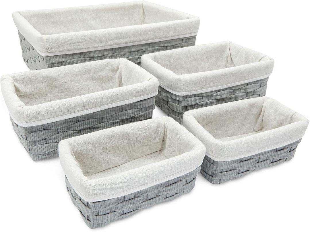 5 Pack Wicker Nesting Baskets with Cloth Lining for Pantry Shelves, Rectangular Storage Bins for Organizing Closet (Gray, 3 Sizes)