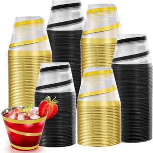 100 Pack 9 OZ Clear Plastic Cups with Gold Rim, Disposable Rimmed Swirl Cocktail Party Cup, Heavy Duty Elegant Wine Glasses, Drinking Tumbler for Weeding Christmas Single Party (Black, Gold)