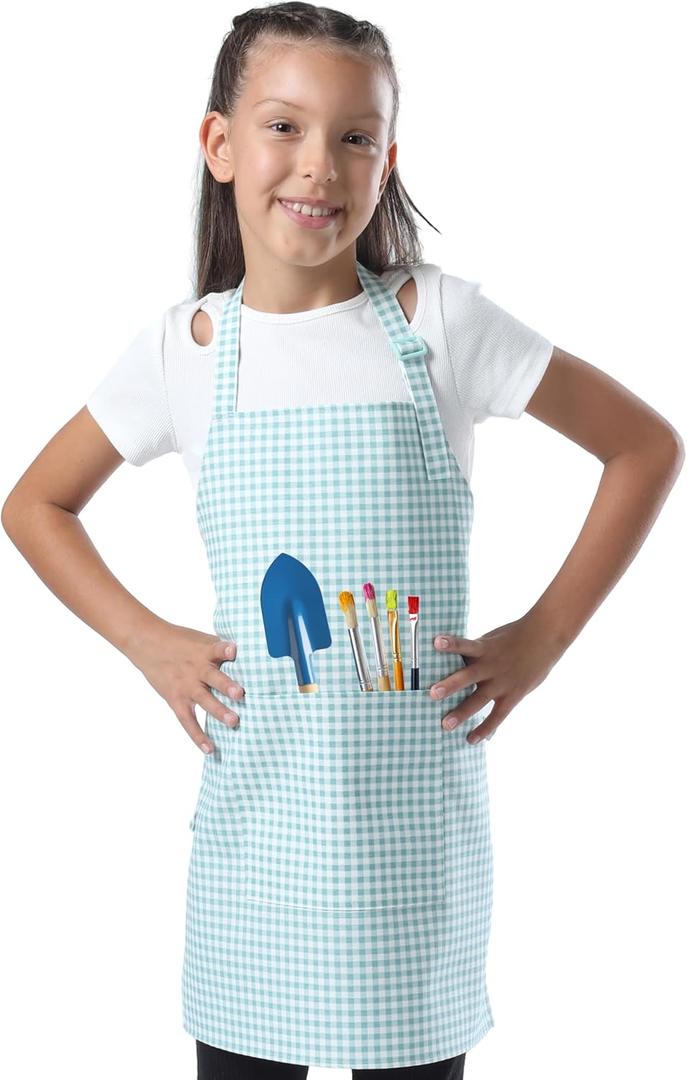 Kids Aprons for Cooking Waterdrop Resistant Aprons for Girl & Boy Toddler Apron for Painting, Gardening, Baking, Smock (Plaid Water Green, Medium (6-10 years)