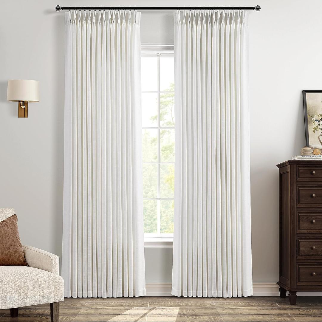 Beige White Linen Curtains 84 Inch Length 2 Panels for Living Room Neutral Textured Pinch Pleated Curtains Ivory Cream Light Filtering Pleated Drapes 84 Inches Long Back Tab Hooks Clips Rings 7Ft