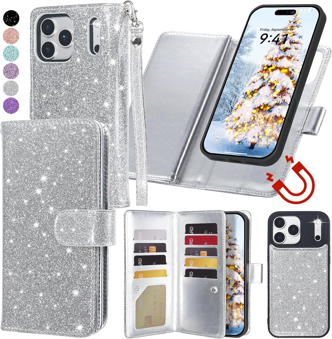 Varikke for iPhone 17 Pro Max Wallet Case Detachable with RFID Blocking Card Holder for Women, Glitter PU Leather Strap Magnetic Flip Removable Phone Case Cover for iPhone 17 Pro Max 6.9", Silver