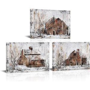 Visual Art Decor Rustic Farmhouse Wall Decor Country Wall Art Barn Pictures Framed Artwork for Living Room Bedroom Wall Decor 3 Piece (Rustic Brown, 16x24inchx3 Pieces)