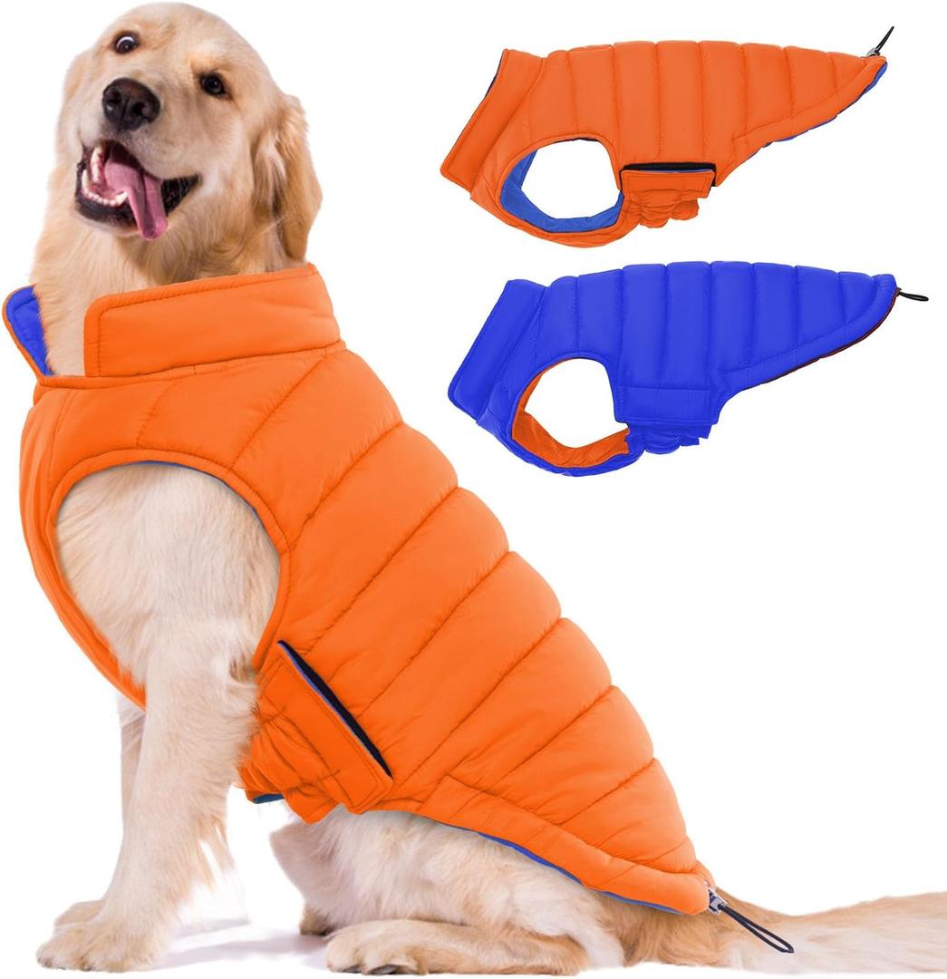Lelepet Reversible Dog Coat Waterproof Dog Jacket Windproof Puffer Vest for Winter Warm Lightweight Coats for Medium Dogs Adjustable Hook & Loop Pet Apparel with Leash Hole, French Bulldog, Orange, L