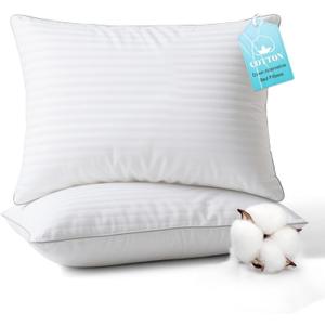 Bed Pillows Queen Size Set of 2-100% Cotton Cover, Down Alternative Gel Polyfill Filled, Flat Soft Medium Adjustable Hotel-Style Pillow Inserts, 20x30 Inch (White)