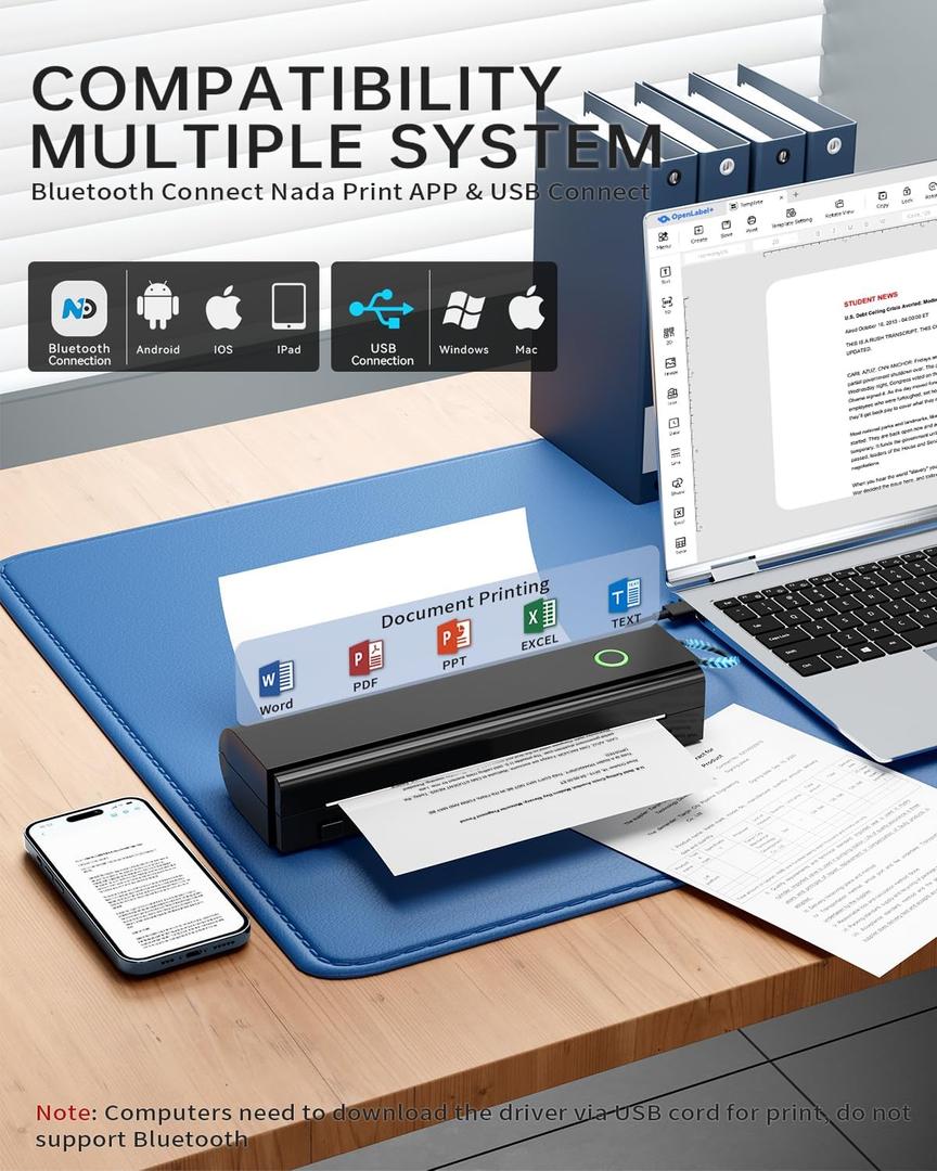 Portable Printers Wireless for Travel, N80 Wireless Thermal Printer Bluetooth Inkless Printer Support 8.5" X 11" US Letter & A4, Compatible with iOS, Android, Laptop