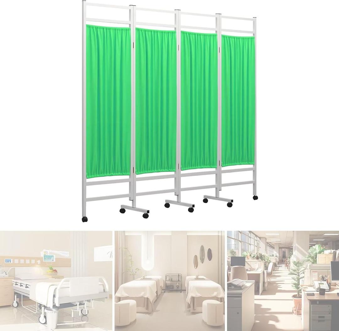 Medical Privacy Screen on Wheels, Foldable Medical Room Divider with Lockable casters, Waterproof Nylon Panel, Portable Privacy Screen for Room, Easy to Clean (Green 4 Panels)
