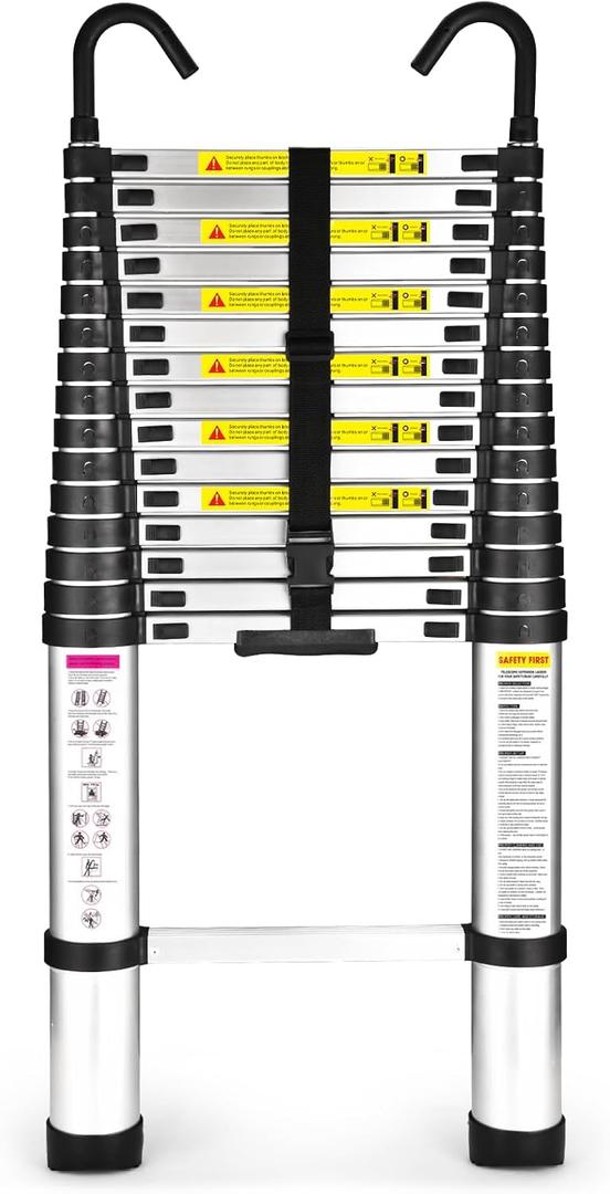 15.5 Ft Telescoping Ladder, SocTone Aluminum with Non-Slip Feet, 330lbs Max Capacity, Collapsible Ladder with Hooks for RV or Outdoor Work